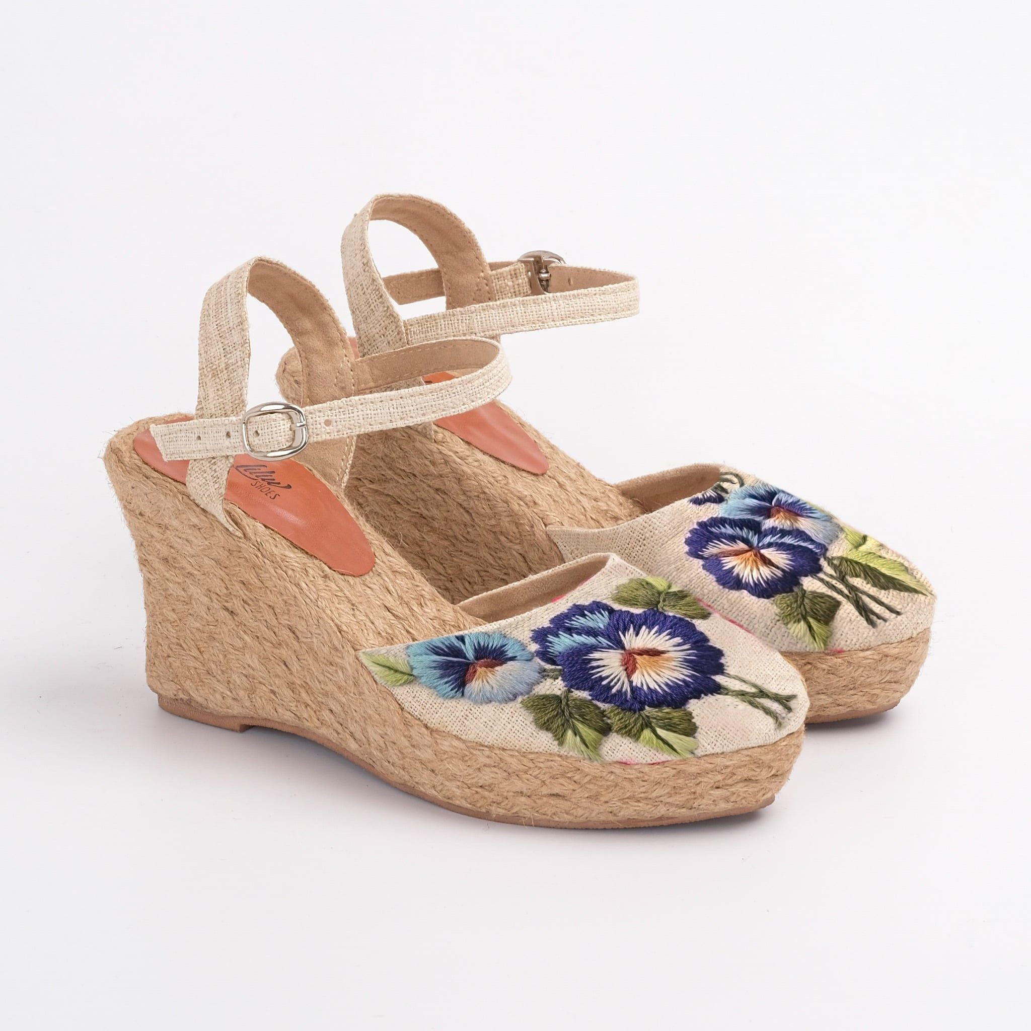 HOA ĐẬU BIẾC - Giày Cói Kín Mũi Phối Vải Hemp Thêu Hoa