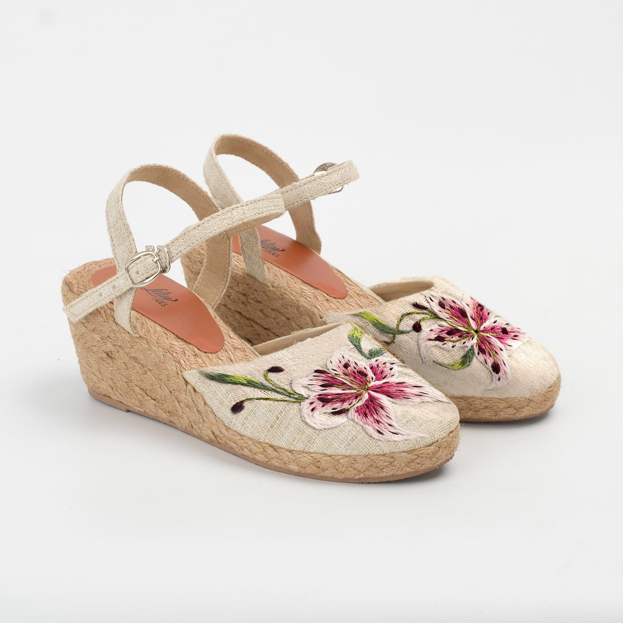 HOA LY - Giày Cói Kín Mũi Phối Vải Hemp Thêu Hoa