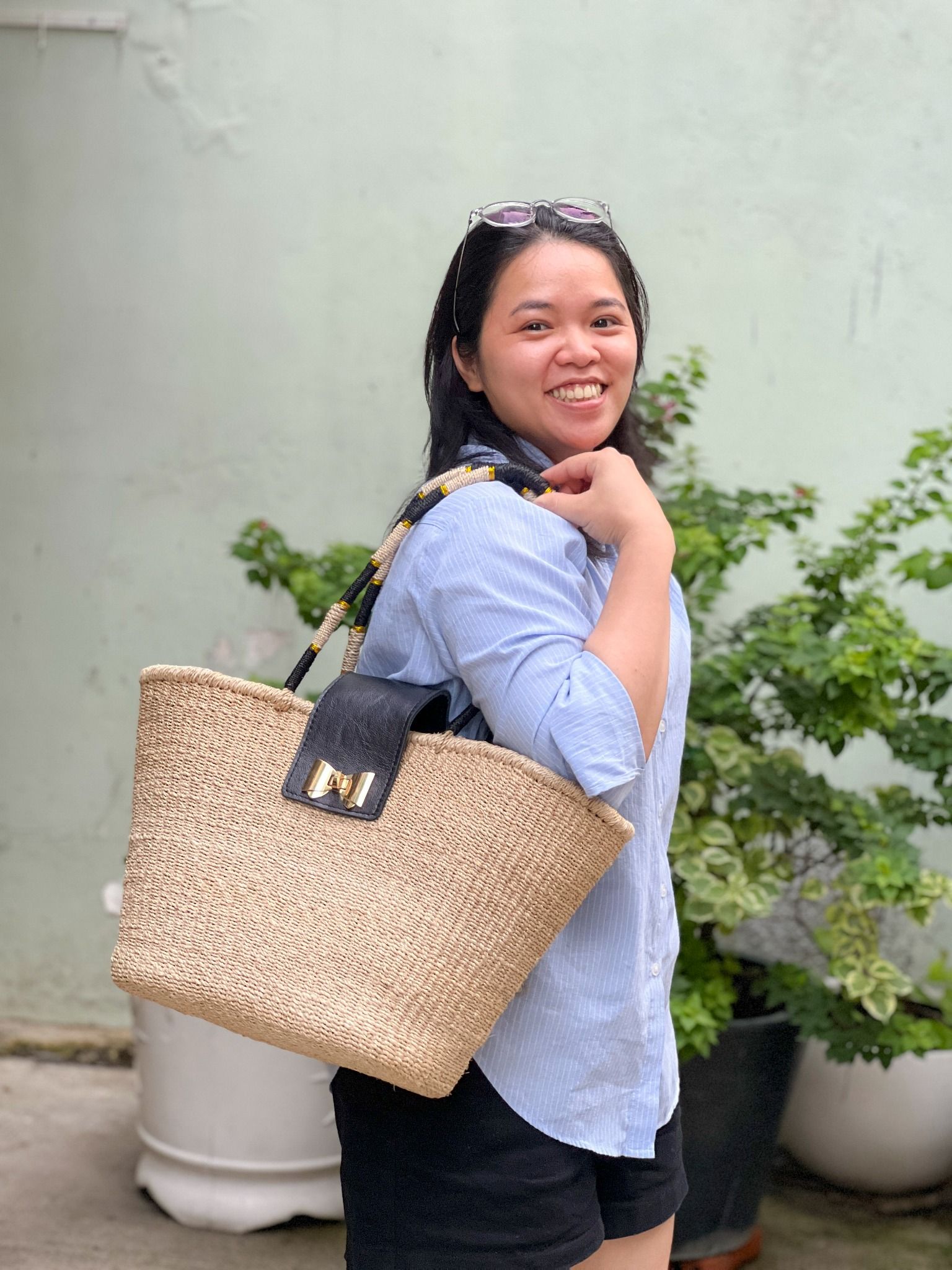 Túi Cói Abaca Hình Thang Phối Nắp Quai Da Tự Nhiên - GATSBY