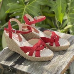 THANH ĐIỀN - Sandal Cói Đế Xuồng Quai Đan Họa Tiết Phối Vải Hemp 9cm