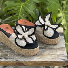 HOA LY - Dép Cói Quai Ngang Đính Hoa 3D Đế Cao 8cm