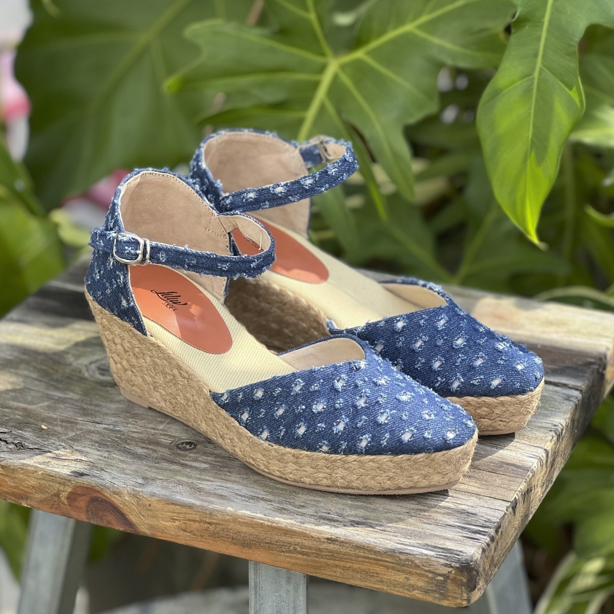 LAM VÂN - Đế Xuồng Cói Kín Mũi Kín Gót Phối Vải Denim Hoa Văn 6cm