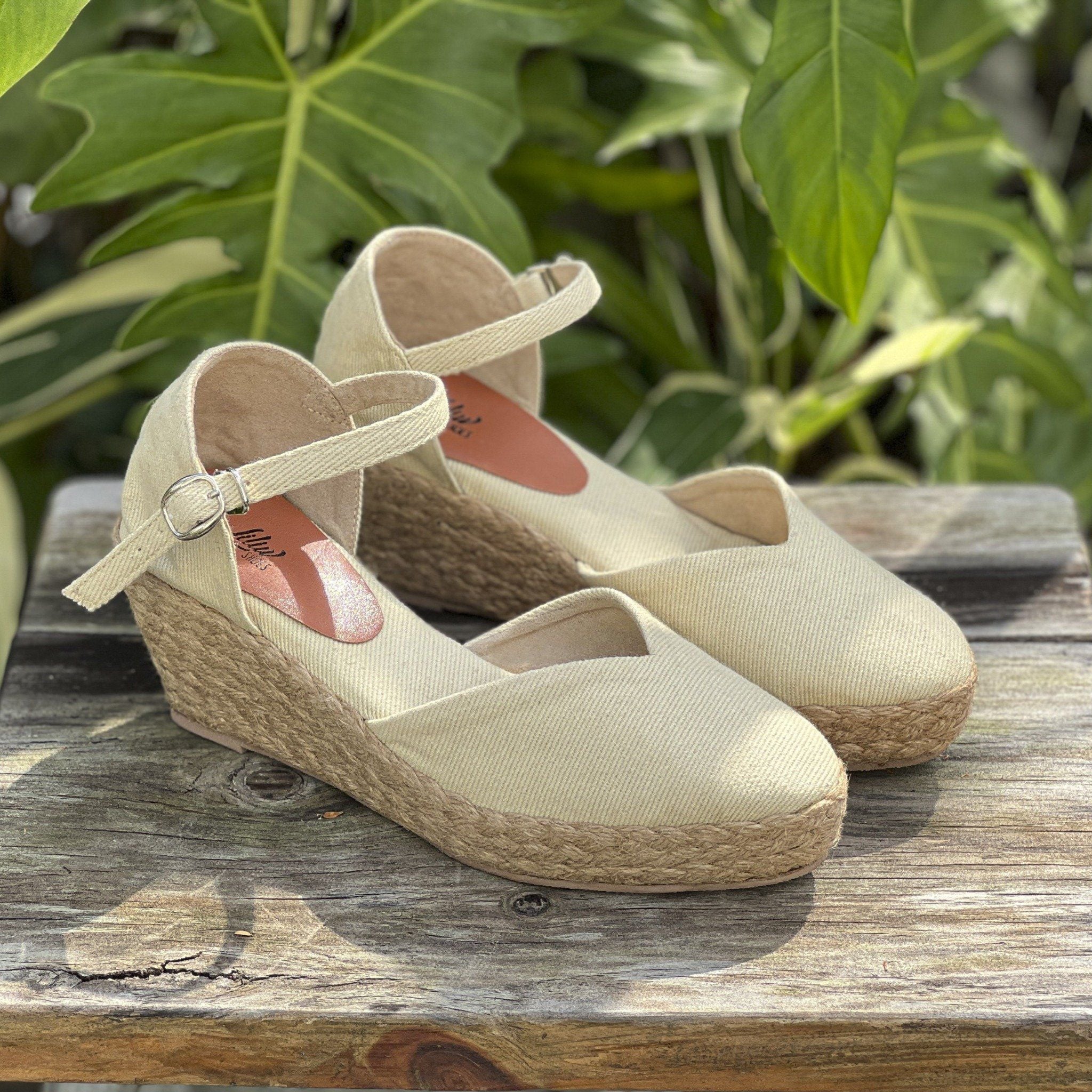 LAM VÂN - Đế Xuồng Cói Kín Mũi Kín Gót Phối Vải Denim Hoa Văn 6cm