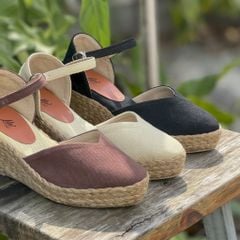 LAM VÂN - Đế Xuồng Cói Kín Mũi Kín Gót Phối Vải Denim Hoa Văn 6cm