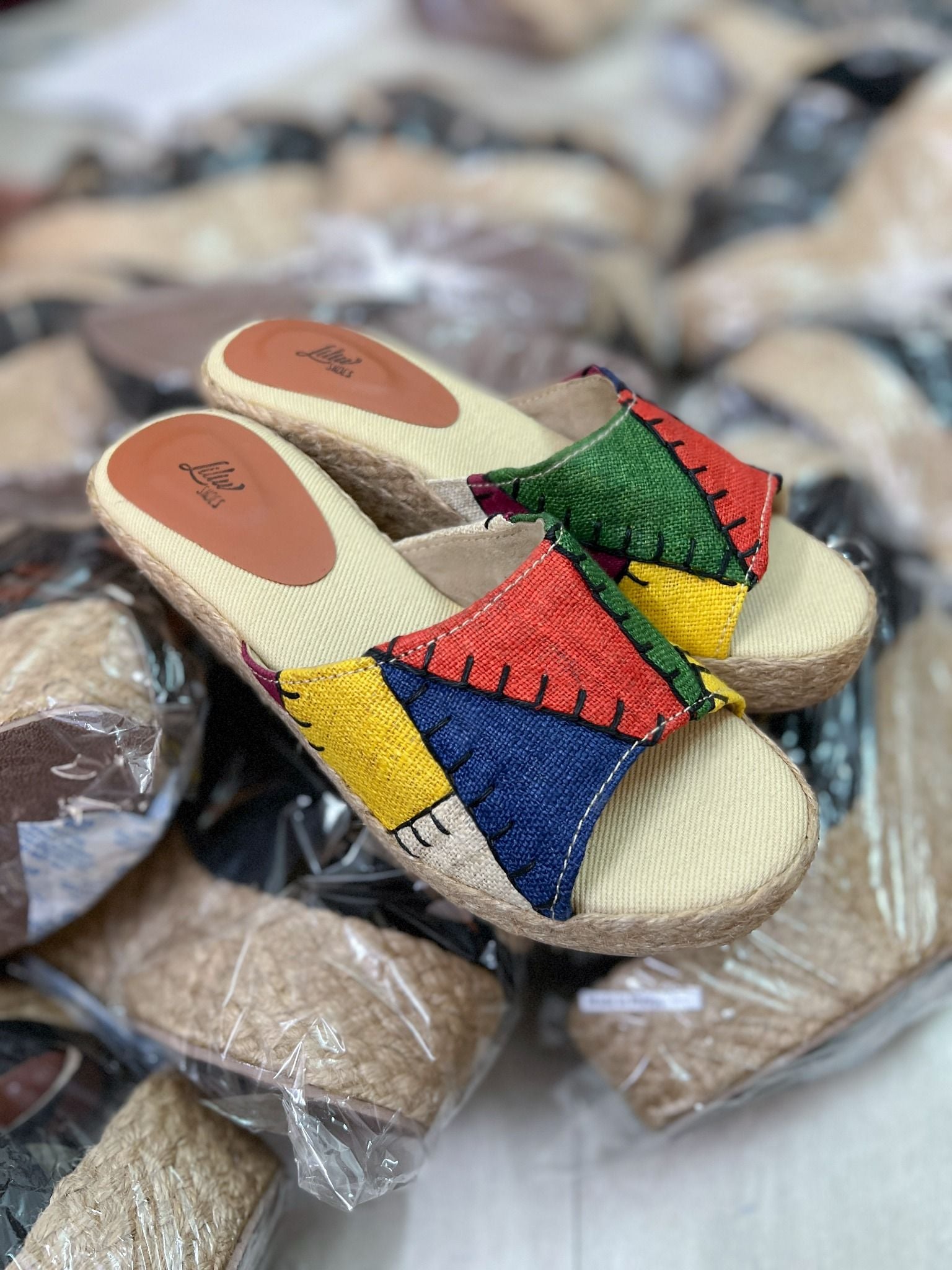 MINH THI - Dép Đế Xuồng Cói Thêu Ghép Vải Hemp Nhiều Màu 6cm