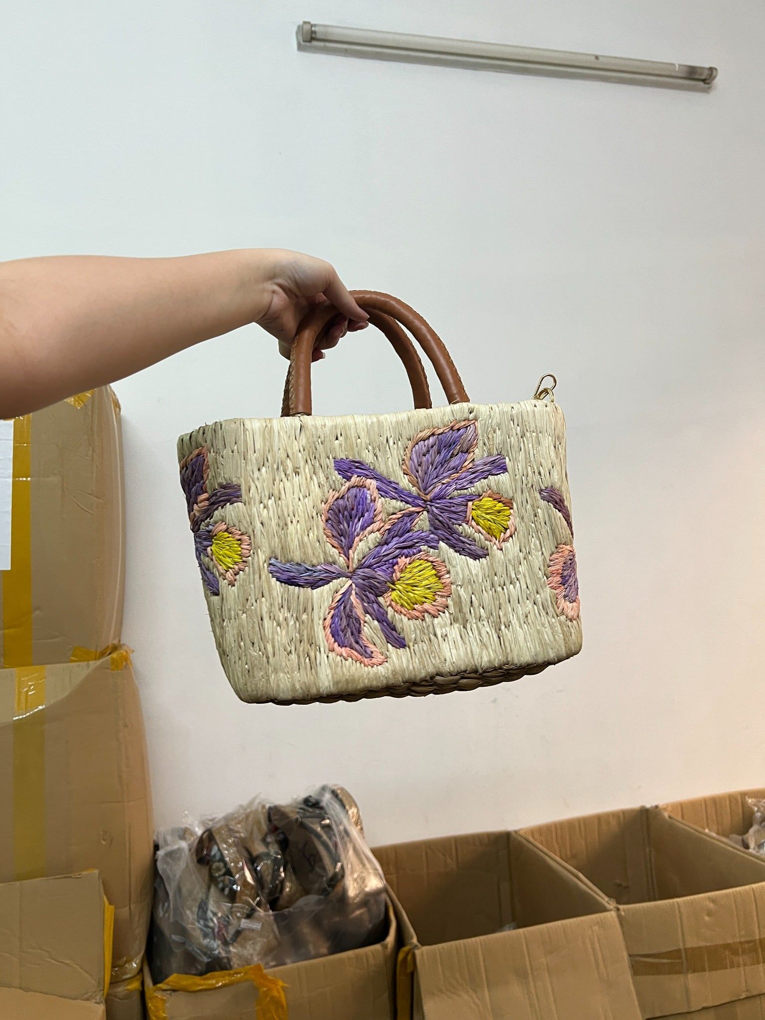 Túi Cói Sợi Cọ Raffia Cao Cấp Quai Da Xách Tay - HOA LAN