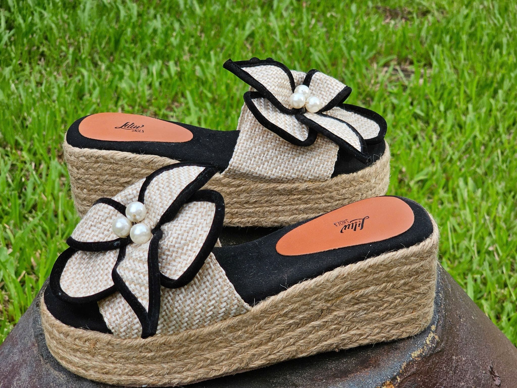 HOA LY - Dép Cói Quai Ngang Đính Hoa 3D Đế Cao 8cm