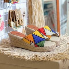 MINH THI - Dép Đế Xuồng Cói Thêu Ghép Vải Hemp Nhiều Màu 6cm