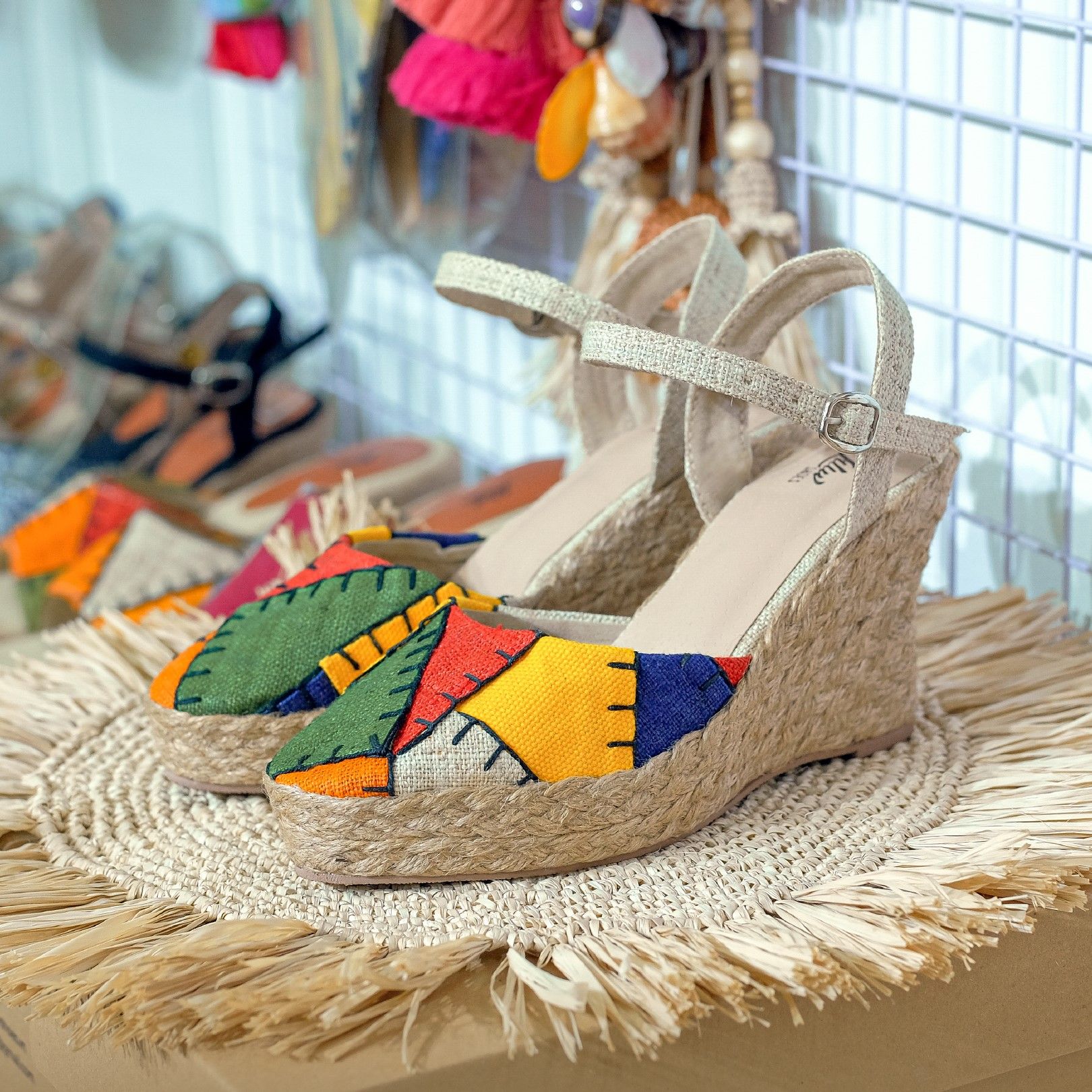 MINH TÚ - Đế Xuồng Cói Thêu Ghép Vải Hemp Nhiều Màu Gót Mảnh 8cm