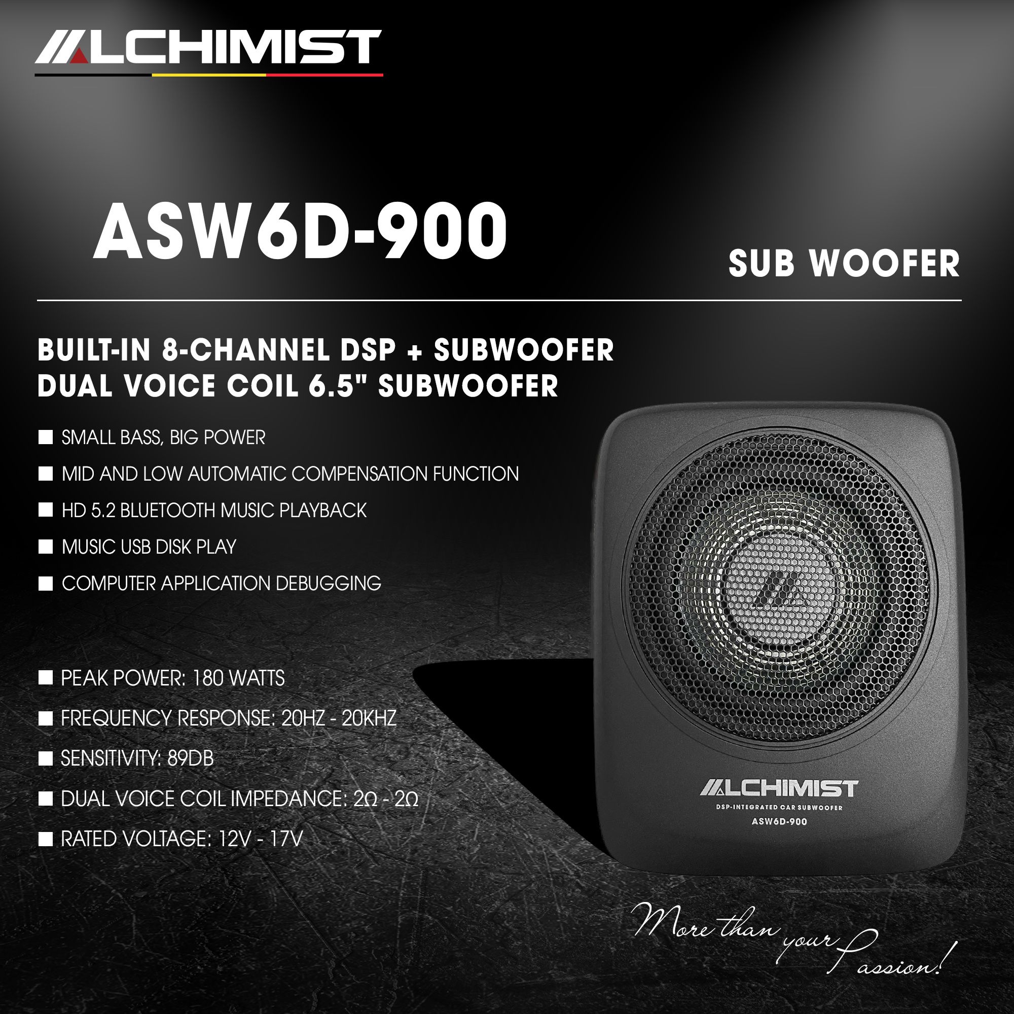 Loa Sub Ô tô Liền DSP Khuếch Đại Âm Thanh Alchimist ASW6D-900 Âm Bass Mạnh Mẽ