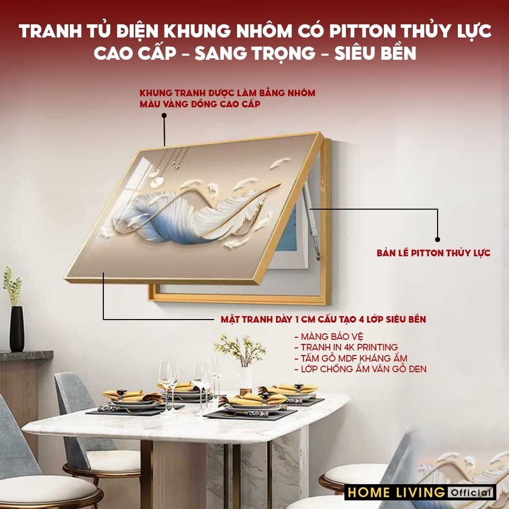 Khung tranh che bảng điện, tủ điện sang trọng che aptomat bảng điện khung nhôm có pitton thủy lực