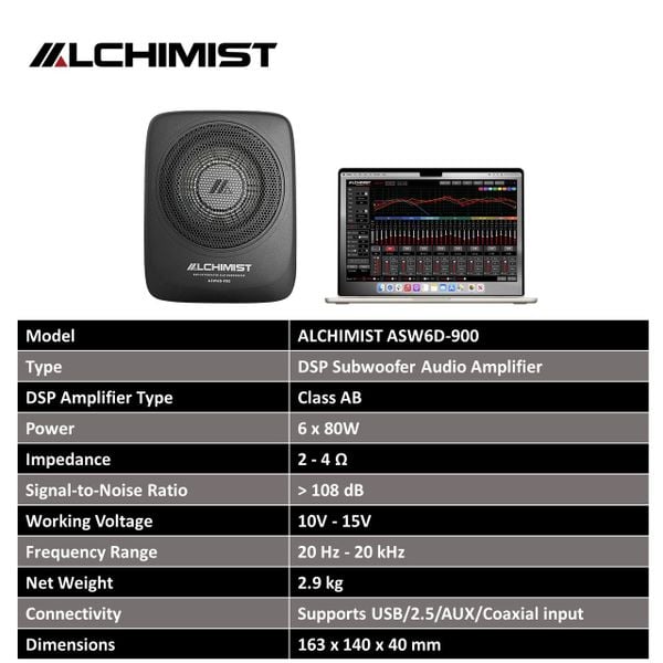 Loa Sub Ô tô Liền DSP Khuếch Đại Âm Thanh Alchimist ASW6D-900
