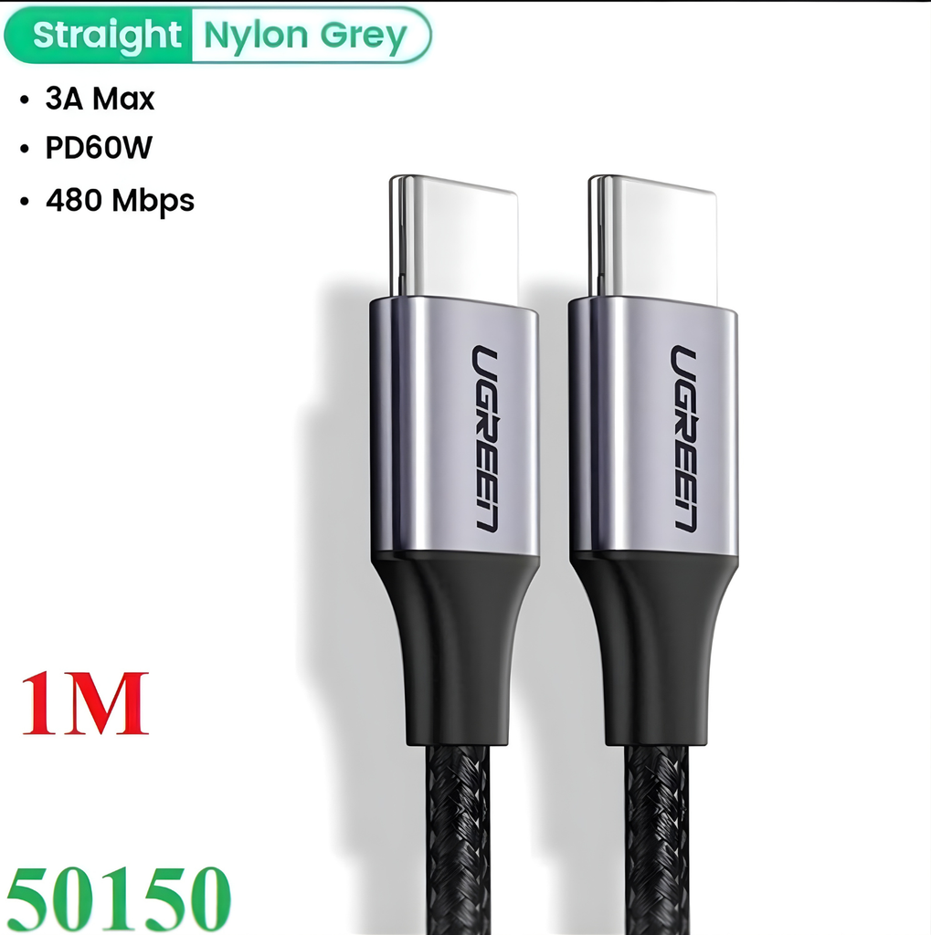 Cáp Sạc Ugreen 50150 (Type-C to Type-C) – Sạc Nhanh 60W, Bọc Dù 1M