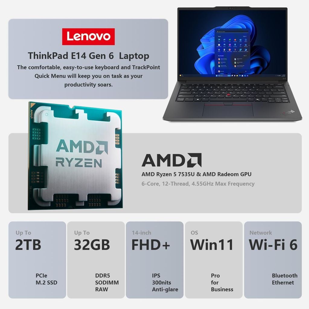Laptop Lenovo ThinkPad E14 Gen 6 ( AMD Ryzen 5 7535U, 16GB RAM, 512GB SSD, 14
