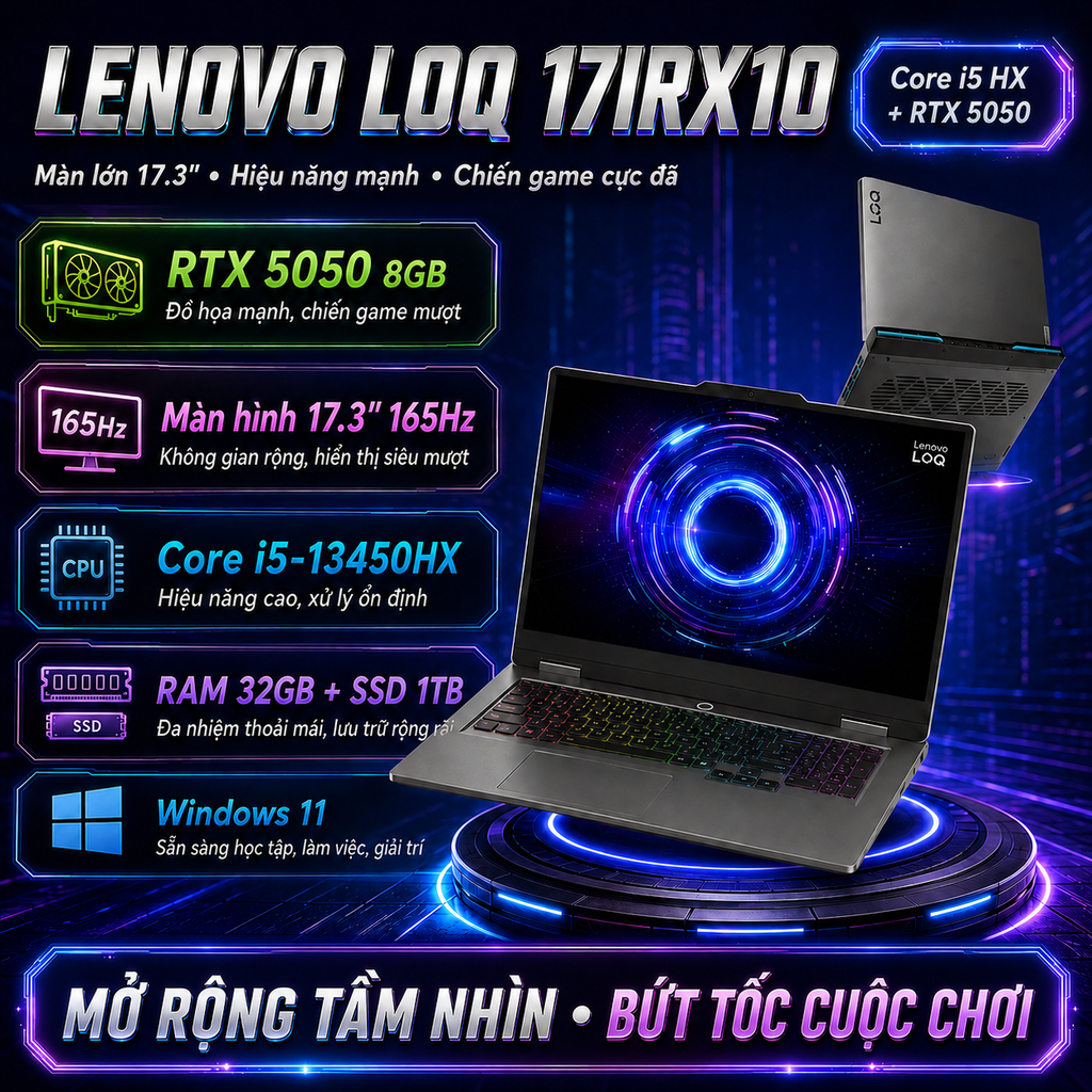 Laptop Lenovo LOQ 17IRX10 (i5-13450HX, 32GB RAM, 1TB SSD, RTX 5050 8GB, 17.3
