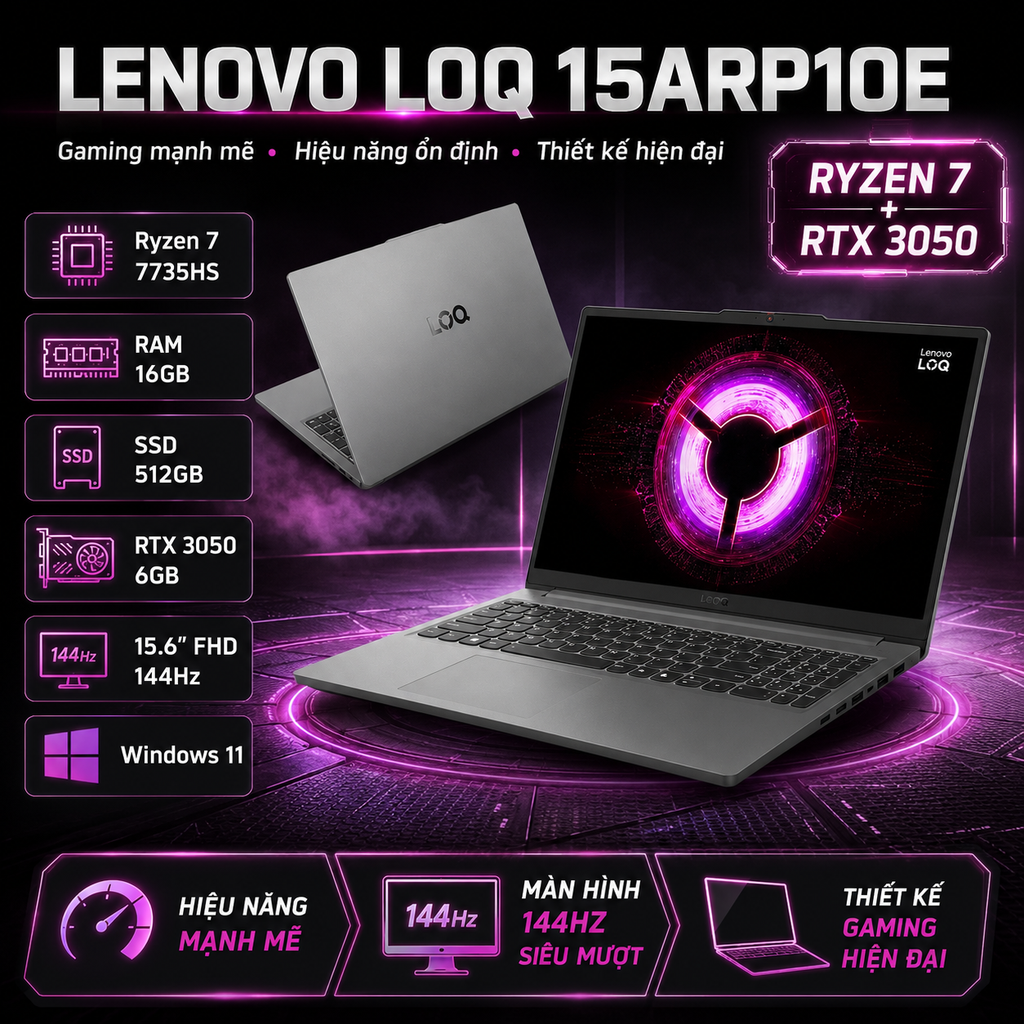 Laptop LENOVO LOQ 15ARP10E (Ryzen 7 7735HS, Ram 16Gb, 512GB SSD, RTX 3050 6GB, 15.6″ FHD 144Hz, Win 11, Xám)