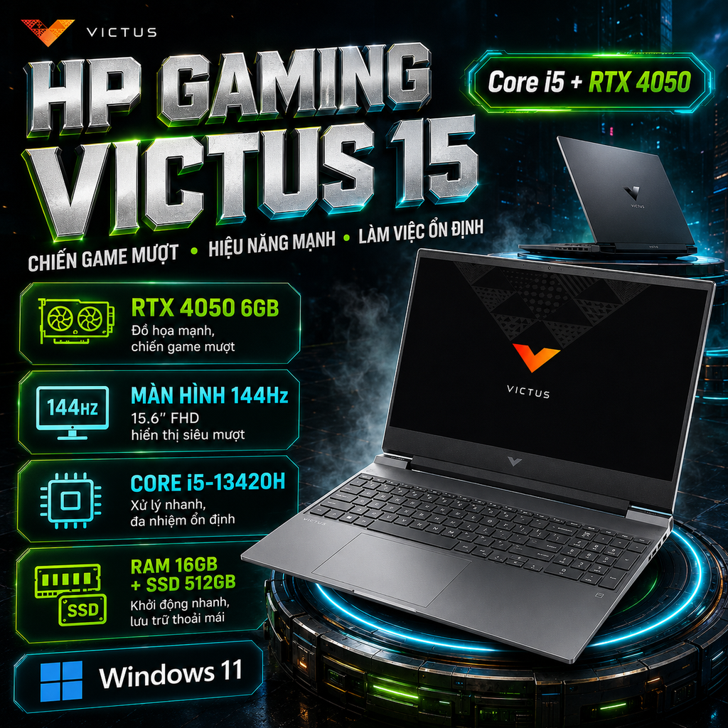 Laptop HP Gaming Victus 15 (Core i5-13420H, 16GB RAM, 512GB SSD, RTX 4050 6GB, 15.6''FHD 144Hz, Window 11, Mica Silver)