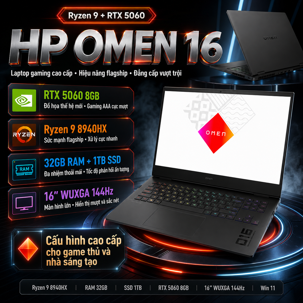 Laptop Gaming HP OMEN 16 16-ap0053dx (Ryzen 9 8940HX, 32GB RAM, 1TB SSD, RTX 5060 8GB, 16″WUXGA 144Hz, Win 11, Shadow Black)