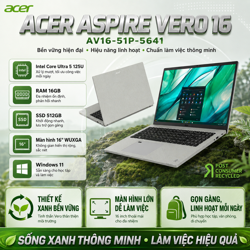 Laptop Acer Aspire Vero 16 AV16-51P-5641 (Ultra 5 125U, 16GB RAM, 512GB SSD, 16
