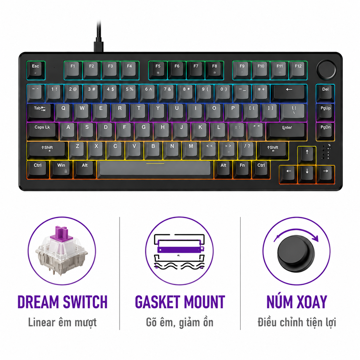 Bàn phím cơ DareU EK75 Grey Black (Dream Switch) – Gasket Mount, Có Núm Xoay