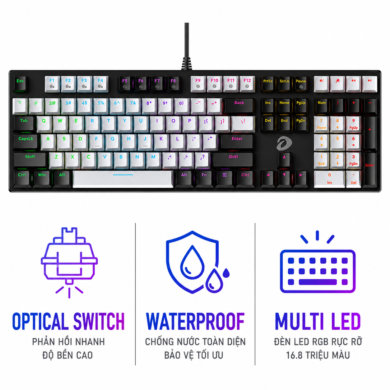 Bàn phím cơ Gaming DAREU EK810X BLACK-GREY (WATERPROOF, Optical switch, MULTI LED)
