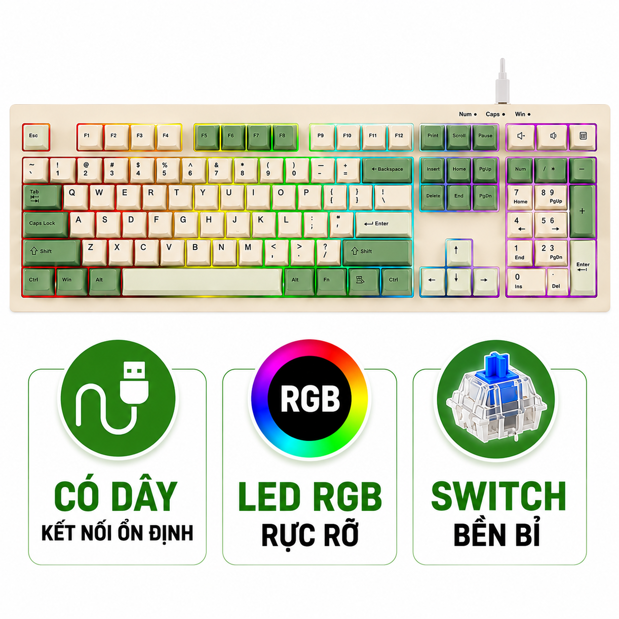 BÀN PHÍM GAMING CÓ DÂY AULA S102 (4722) (Phiên bản Xanh lá + Be)