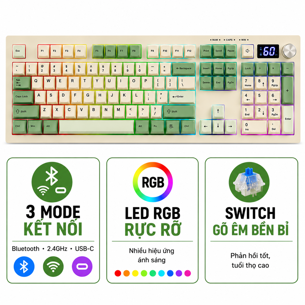 BÀN PHÍM GAMING 3 MODE AULA S102 PRO (4760) (Phiên bản Xanh lá + Be)