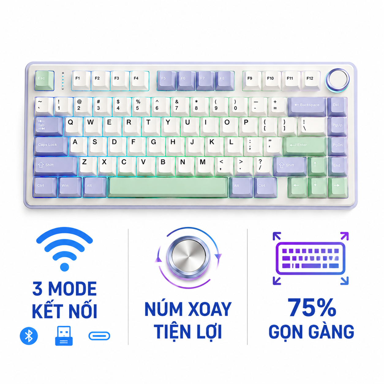 BÀN PHÍM CƠ GAMING 3 MODE AULA F75 (9258)(Phiên bản Ice Green/Tím nhạt+be+xanh lá/ Reaper switch)