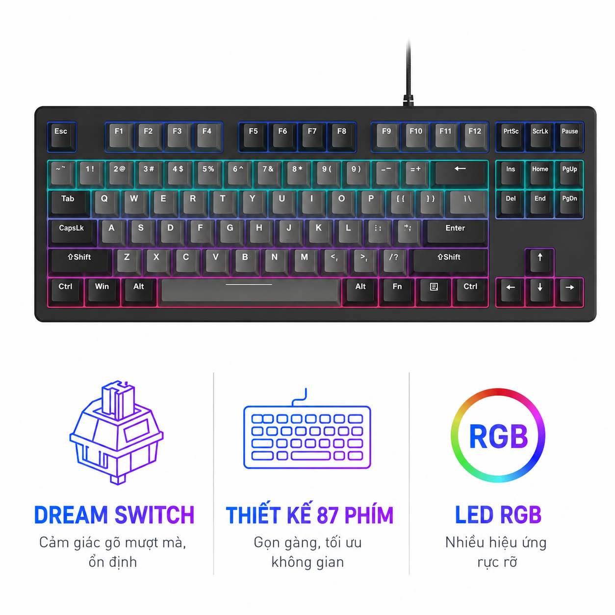 Bàn phím cơ Gaming DAREU EK87 v2 Gray Black Dream Switch