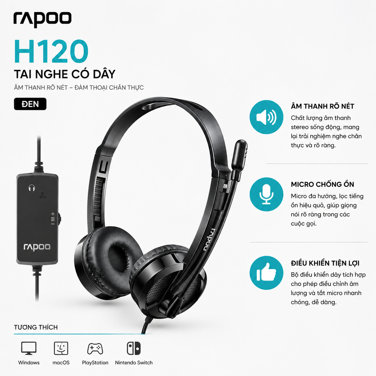 Tai nghe có dây Rapoo H120 Đen.