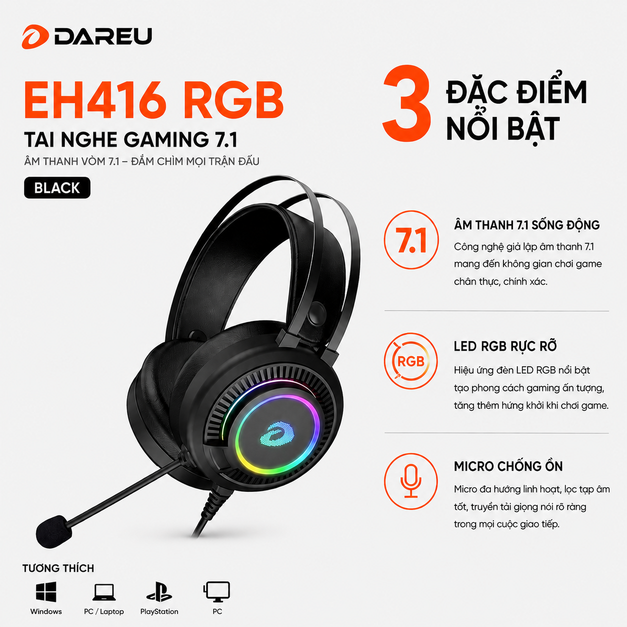Tai Nghe Dareu EH416 RGB (7.1, USB, LED RGB)