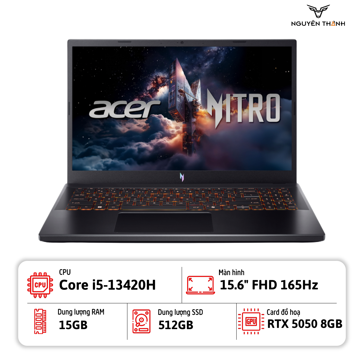 Laptop Acer Nitro V ( Core i5-13420H, 16GB RAM, 512GB SSD, RTX 5050 8GB GDDR7,  15.6