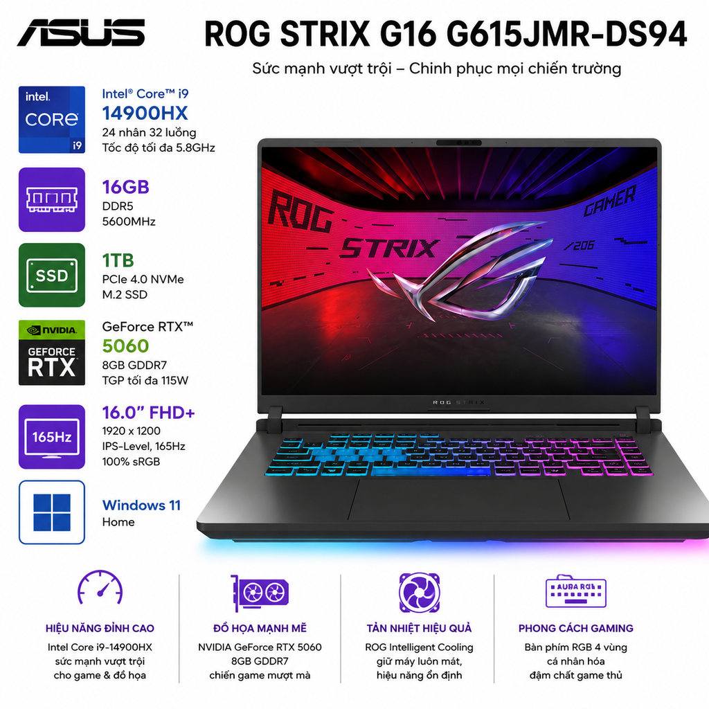 Laptop ASUS ROG STRIX G16 G615JMR-DS94 (Intel Core i9-14900HX, 16GB RAM, 1TB SSD, NVIDIA GeForce RTX 5060 8GB, 16.0