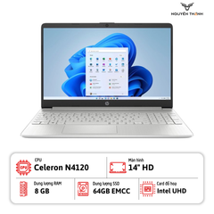 Laptop HP 14-dq0052dx (Celeron N4120, 8GB RAM, 64GB eMMC, 14” HD, Win 11, Snowflake White)