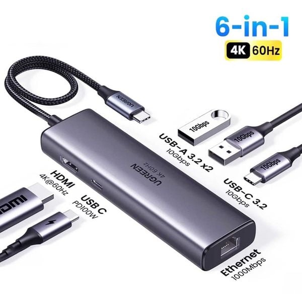 Thiết bị mở rộng USB Type-C 6 in 1 HDMI 4K@60Hz/Hub USB 3.0/LAN/PD 100W Ugreen 45000