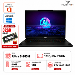 Laptop MSI Stealth 18 AI Studio Gaming (Ultra 9 185H, 32GB RAM, 1TB SSD, RTX 4080 12GB, 18” QHD+ 240Hz, Midnight Black)