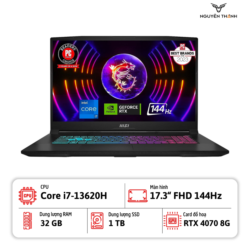 Laptop MSI Katana 17 B13VFK (Intel Core i7-13620H, 32GB RAM, SSD 1TB, RTX 4070 8GB, 17.3 inch FullHD 144Hz, Win 11, Đen)