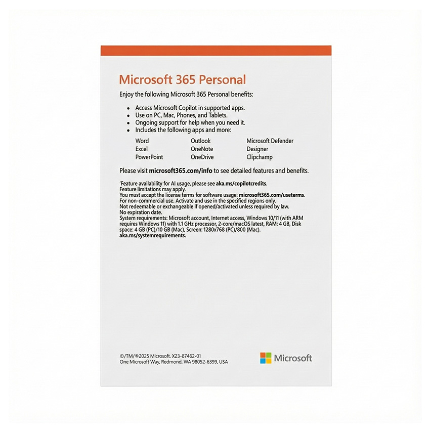 Phần mềm M365 Personal English APAC Subscr 1YR Medialess (EP2-32409)