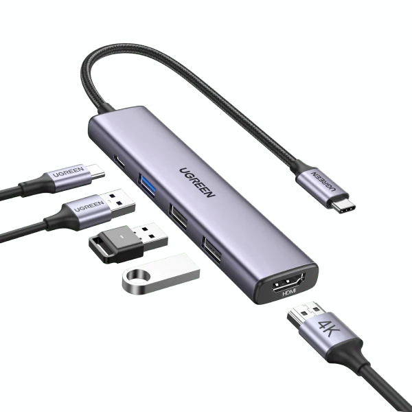 Hub USB Type-C 5 trong 1 ra HDMI 4K@30Hz, USB 2.0, USB 3.0, Sạc PD 100W Ugreen 15495