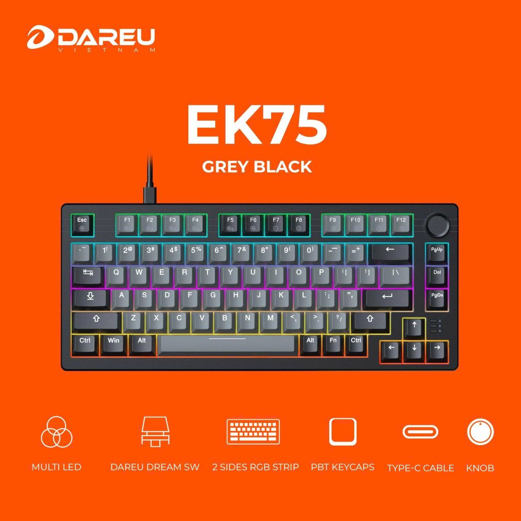 Bàn phím cơ DareU EK75 Grey Black (Dream Switch) – Gasket Mount, Có Núm Xoay