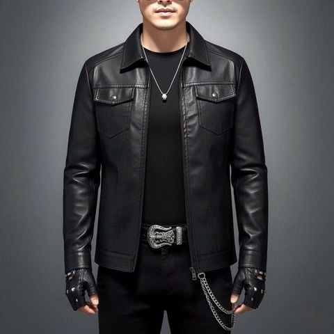 Áo khoác da bacsic cao cấp cổ bẻ túi hộp cao cấp ADN32