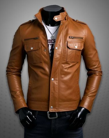 Áo khoác da nam Biker lót dù cao cấp AD4125 màu vàng bò