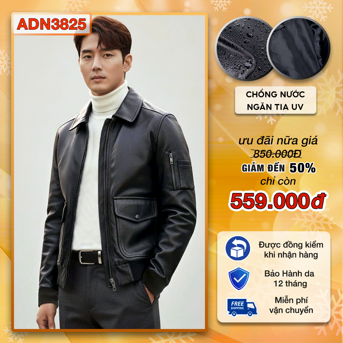 Áo khoác da nam Biker lót dù lụa ADN3825