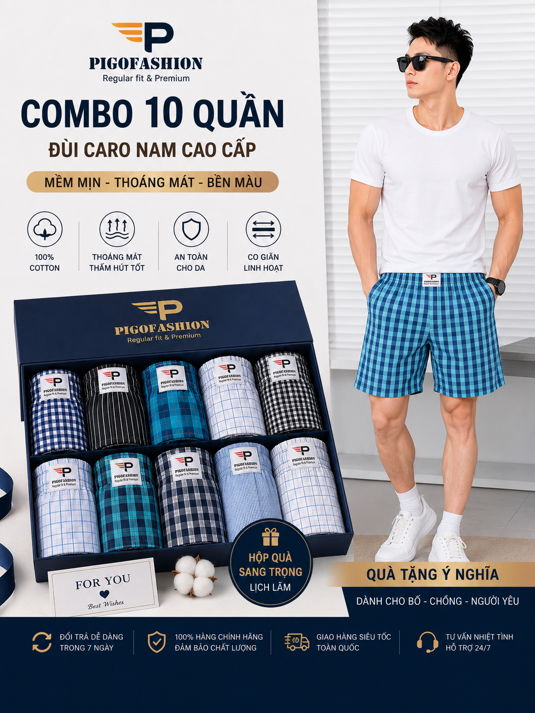Bộ 10 quần đùi nam caro xuất khẩu có túi , chất cotton sợi trẻ chính hãng PigoFashion QDCR03