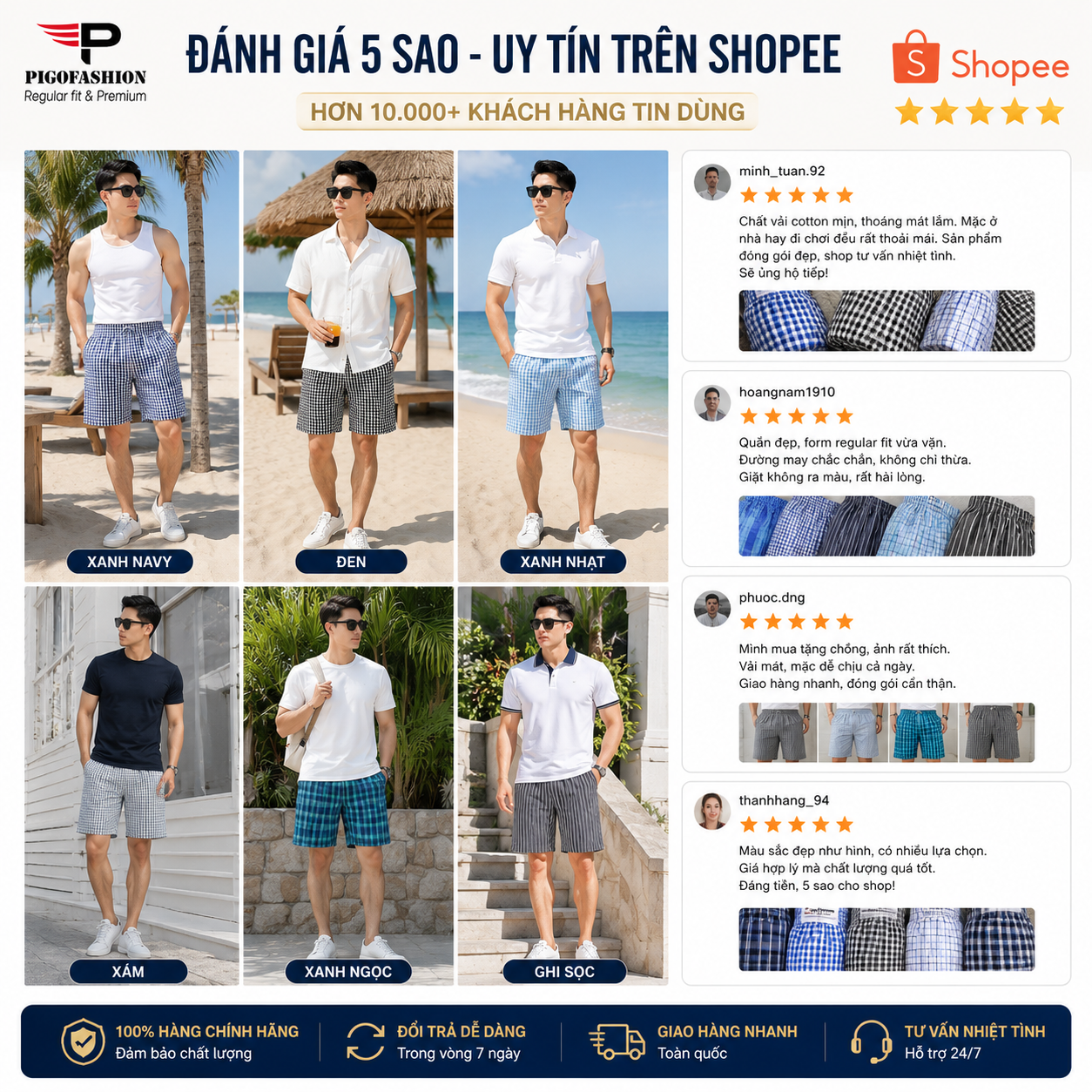 Bộ 10 quần đùi nam caro xuất khẩu có túi , chất cotton sợi trẻ chính hãng PigoFashion QDCR03