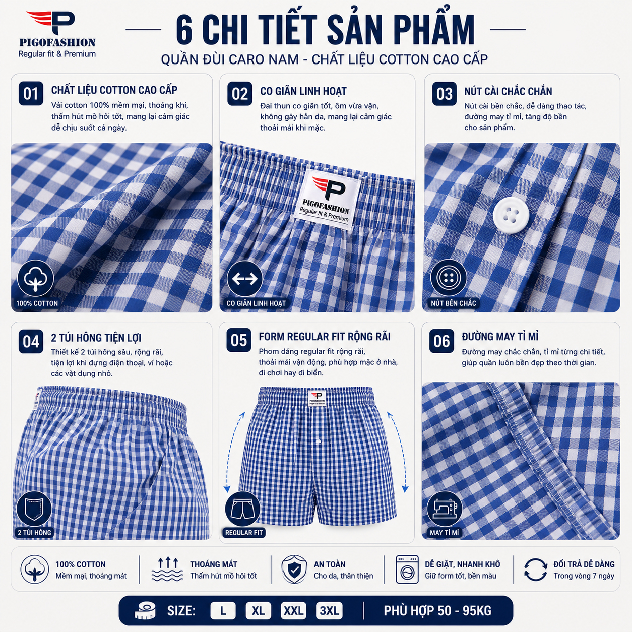 Bộ 10 quần đùi nam caro xuất khẩu có túi , chất cotton sợi trẻ chính hãng PigoFashion QDCR03