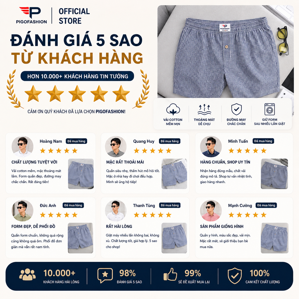 Bộ 10 quần đùi nam caro xuất khẩu có túi , chất cotton sợi trẻ chính hãng PigoFashion QDCR03