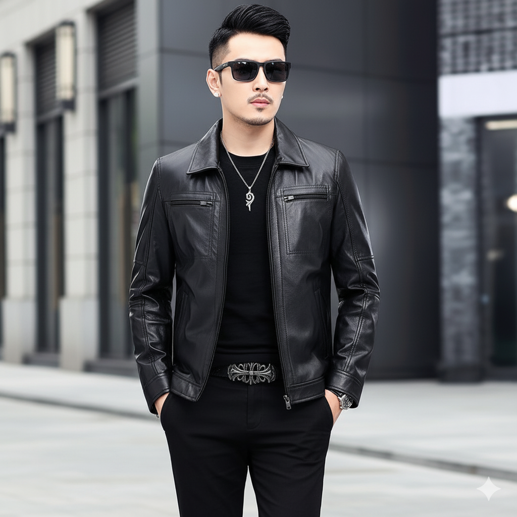 Áo khoác da nam Biker cổ bẻ cao cấp ADN3536