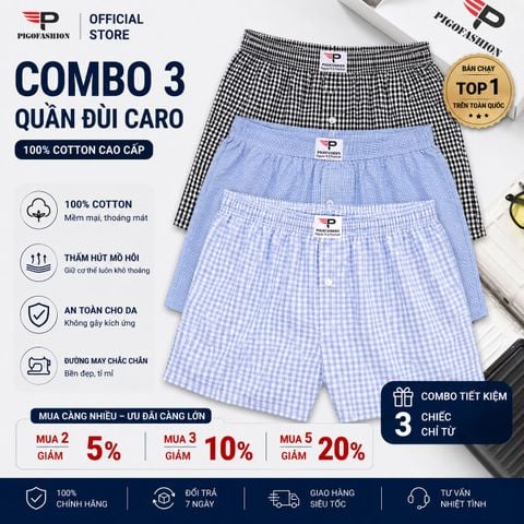 Bộ 3 quần đùi nam caro có túi chất cotton miềm mại chính hãng Pigofashion QDCR03