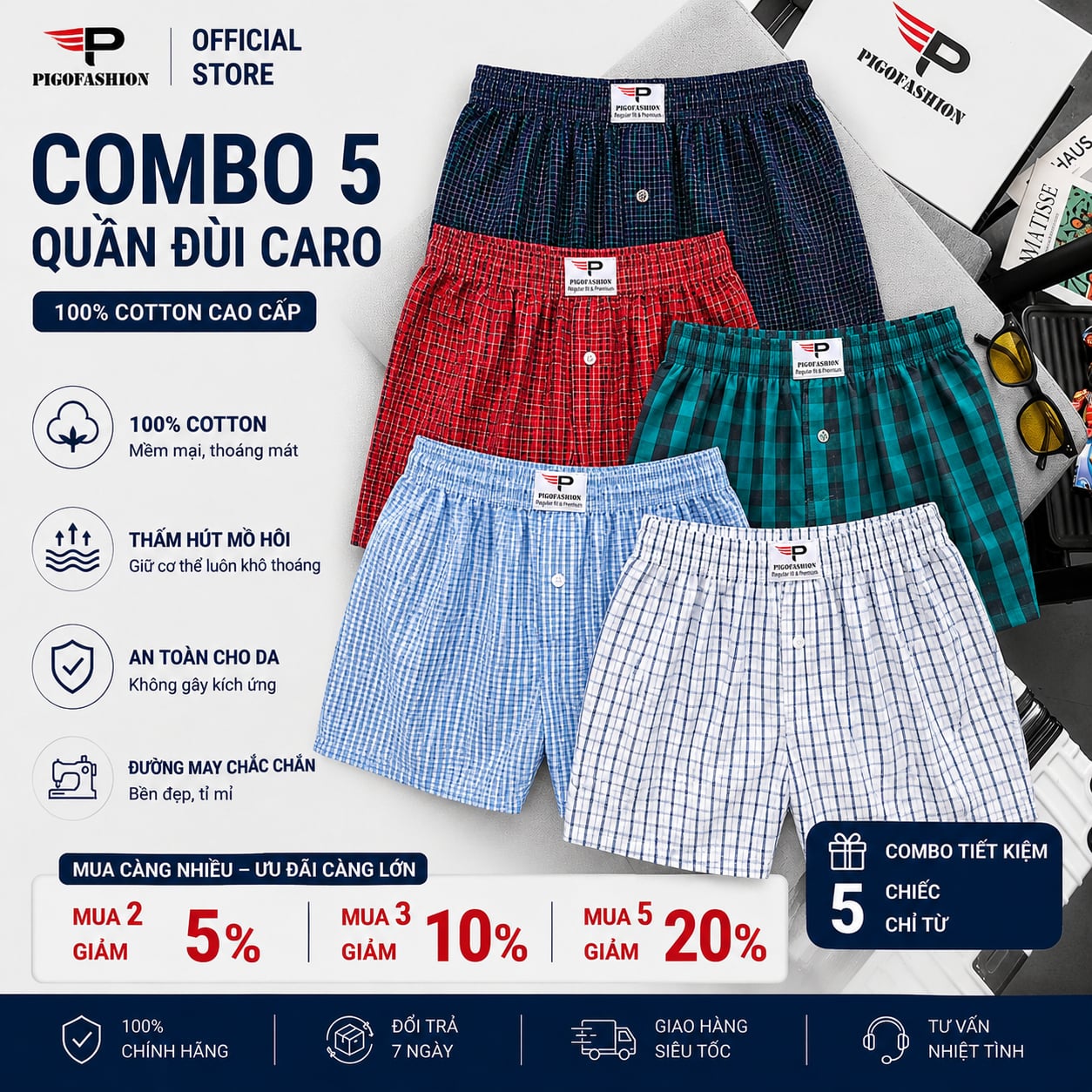 Bộ 6 quần đùi nam caro có túi big size 90KG QDCR03 Pigofashion màu ngẫu nhiên